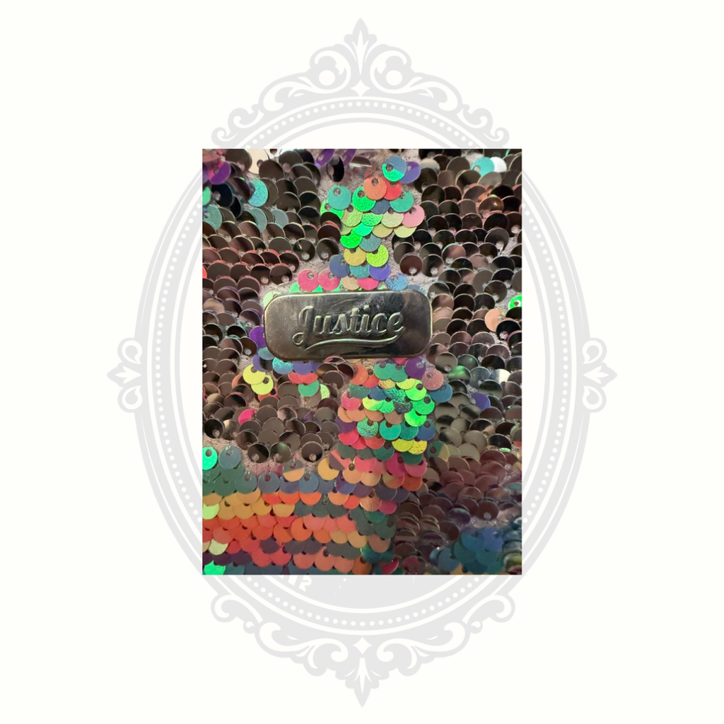 Justice Rainbow Reversible Sequin Mini Backpack with Glitter Letter E & BFF Charms
