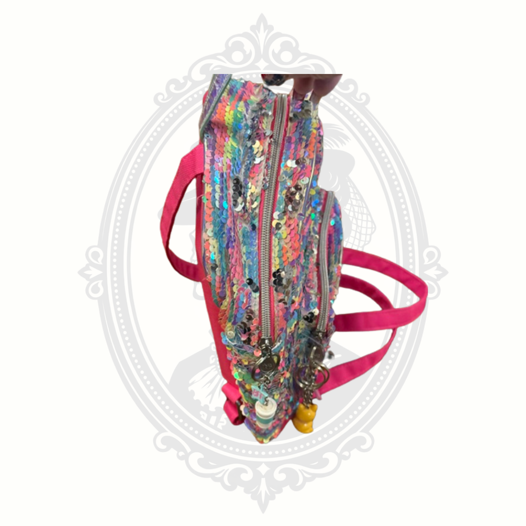 Justice Rainbow Reversible Sequin Mini Backpack with Glitter Letter E & BFF Charms