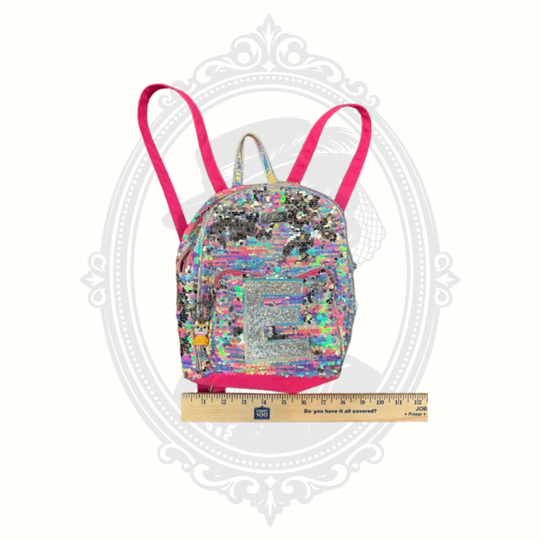 Justice Rainbow Reversible Sequin Mini Backpack with Glitter Letter E & BFF Charms