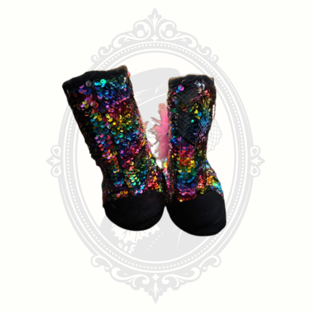 Justice Rainbow Sequin Slipper Boots | Girls Size 2/3 | Cozy Pom Pom House Shoes