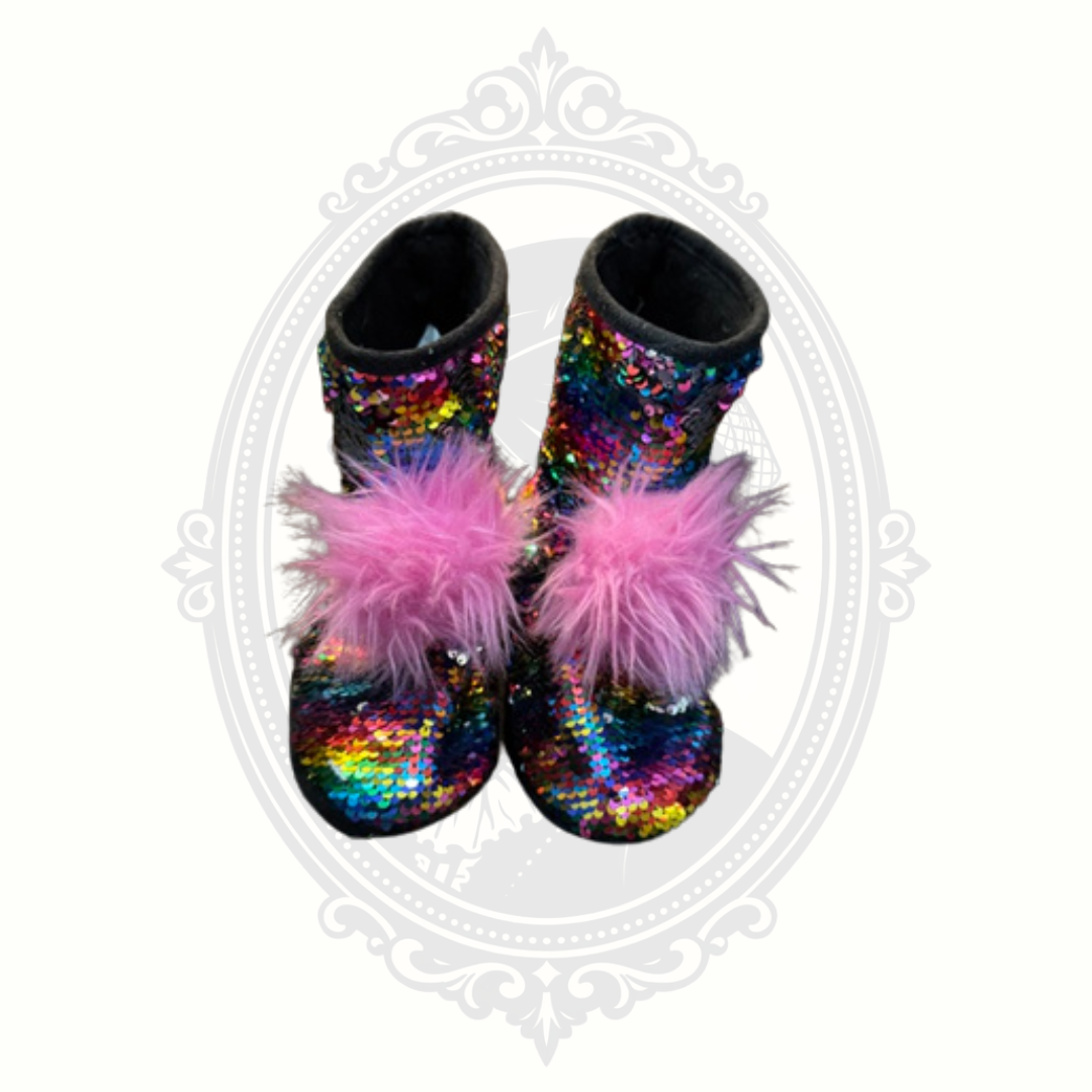 Justice Rainbow Sequin Slipper Boots | Girls Size 2/3 | Cozy Pom Pom House Shoes