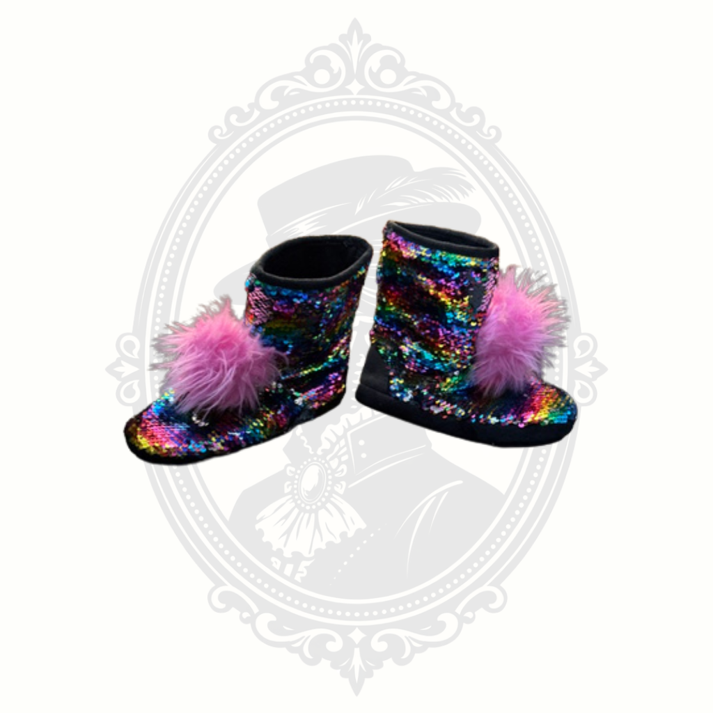 Justice Rainbow Sequin Slipper Boots | Girls Size 2/3 | Cozy Pom Pom House Shoes
