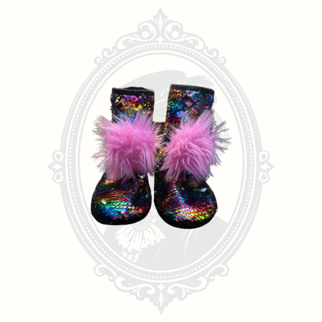 Justice Rainbow Sequin Slipper Boots | Girls Size 2/3 | Cozy Pom Pom House Shoes