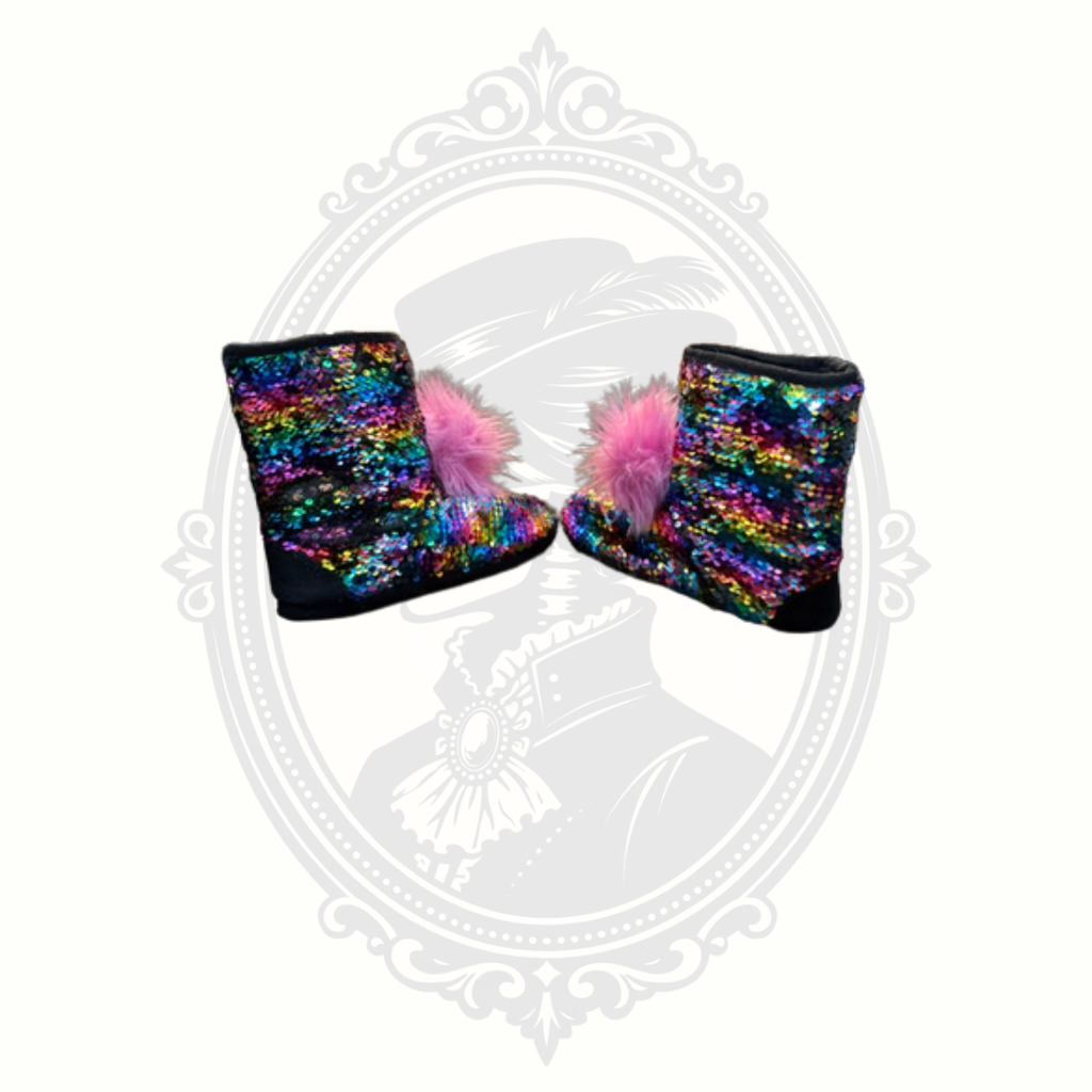 Justice Rainbow Sequin Slipper Boots | Girls Size 2/3 | Cozy Pom Pom House Shoes