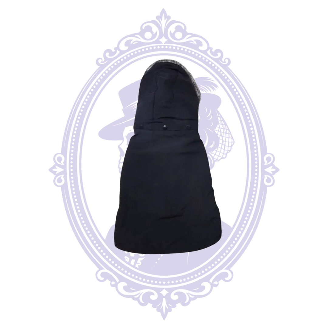 Back of Kennedy black dog raincoat with detachable hood and back detailing.