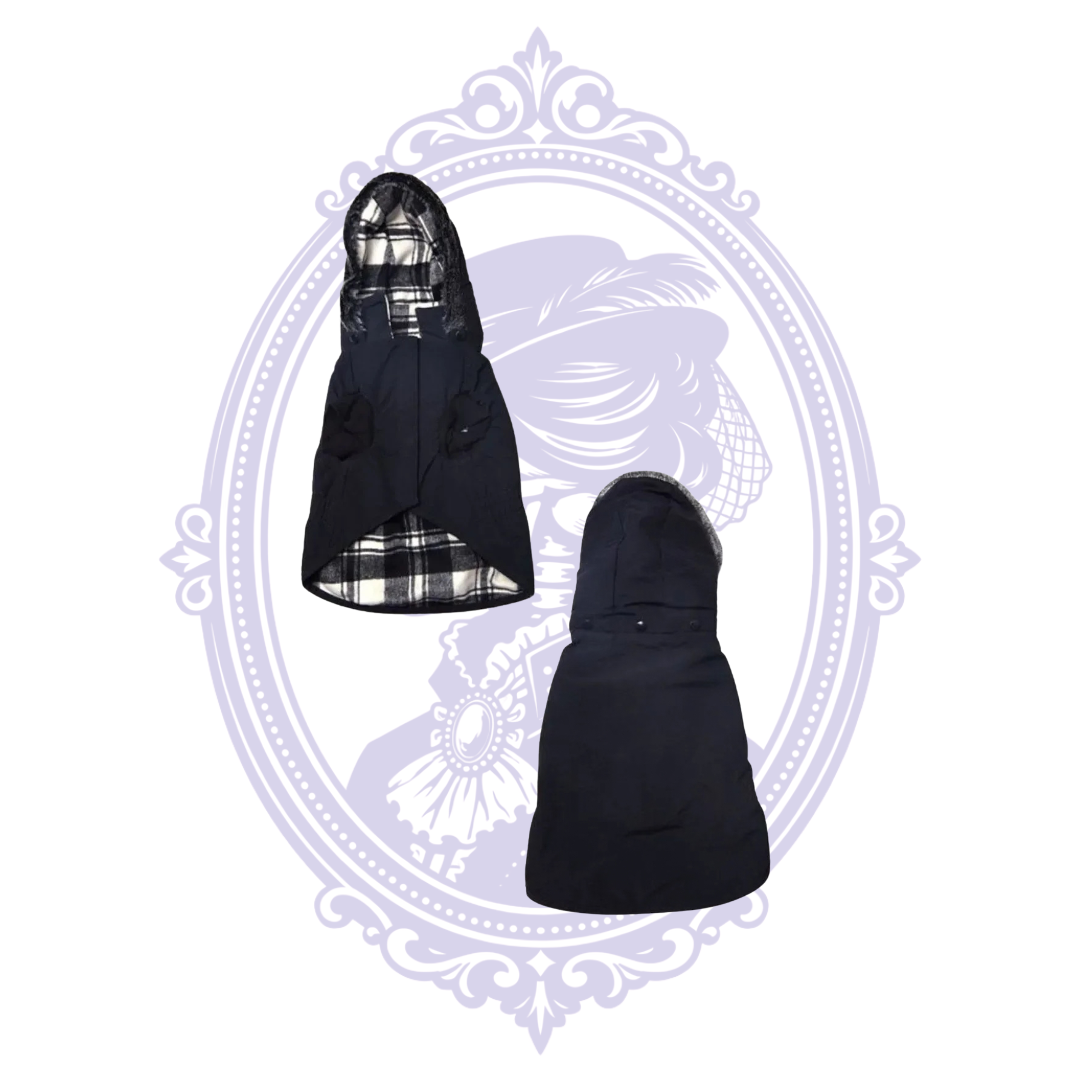 Kennedy dog coat showing front plaid-lined hood and black back view.
