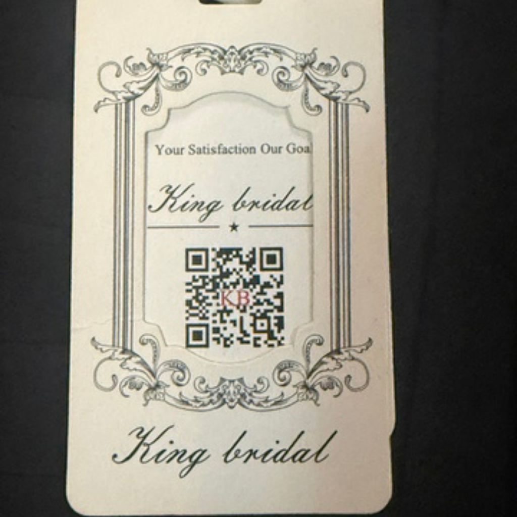 Decorative tag with 'King bridal' branding and a QR code on a black background