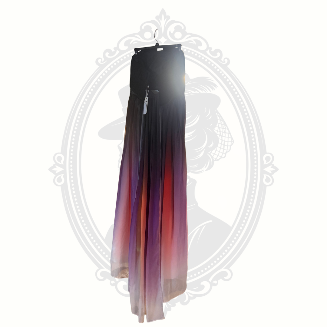 Gradient pants with black, purple, and red colors on a white background