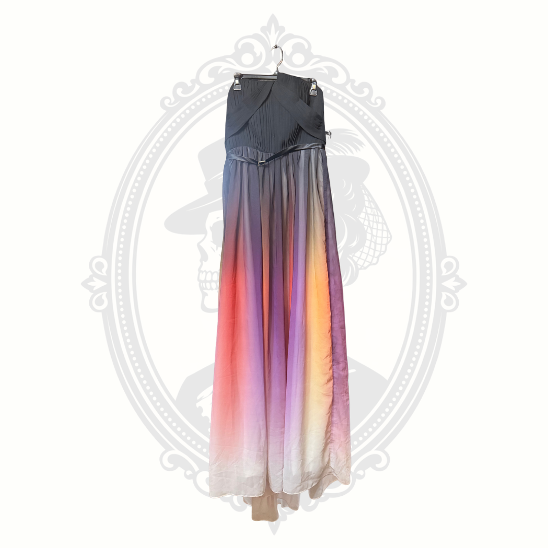 Gradient dress with black top and colorful skirt on a white background