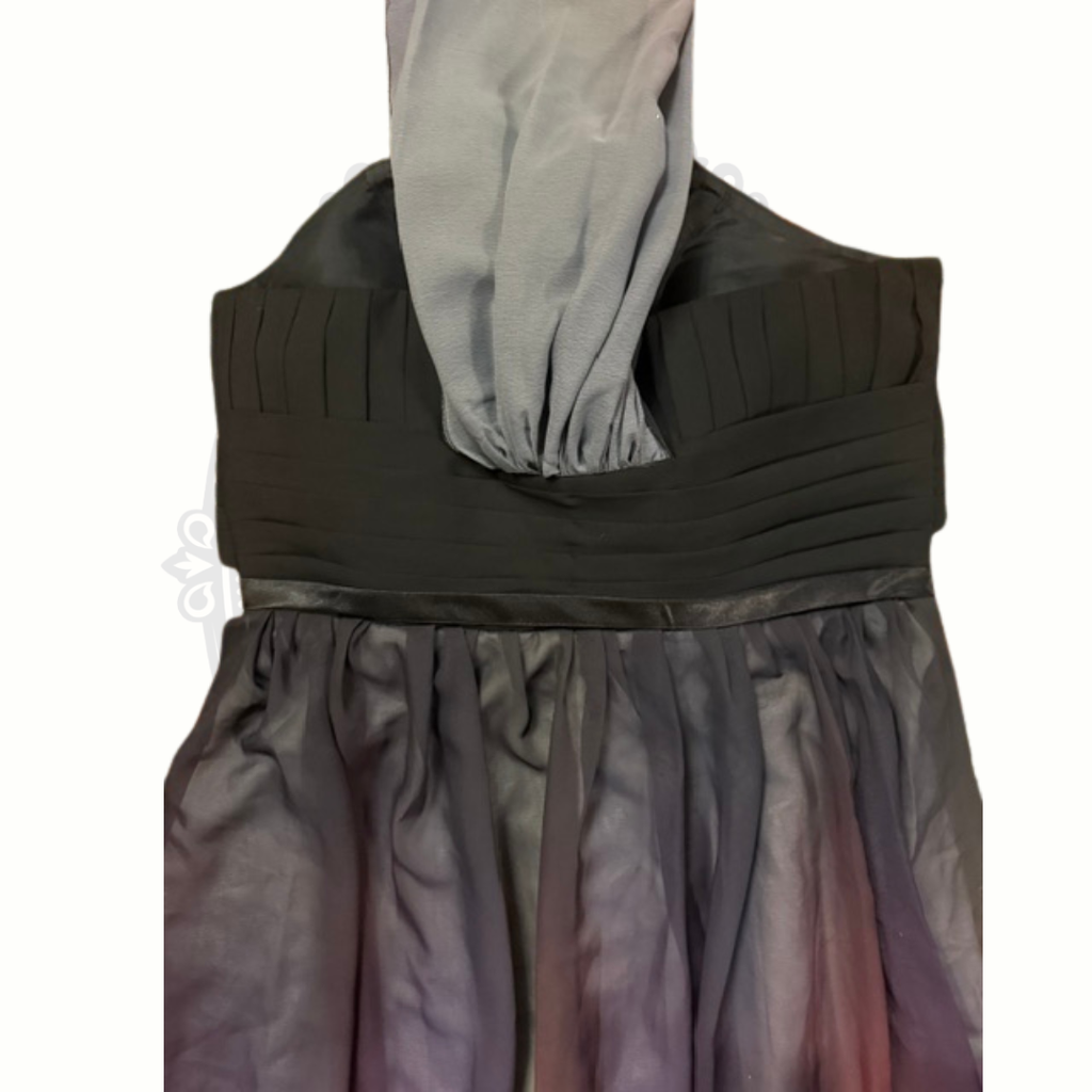 Dress with a hood and gradient purple to gray skirt on a white background
