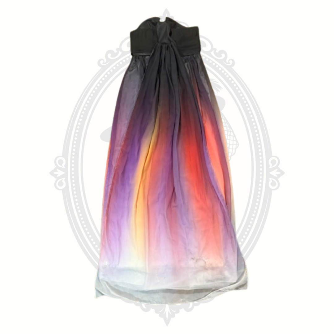 Gradient dress with black top and colorful skirt on a white background