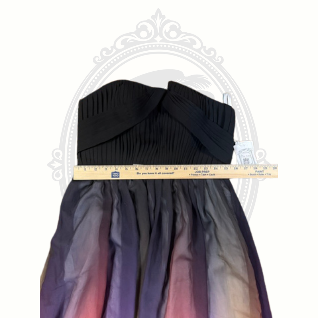 Black strapless top with gradient purple and pink skirt, measured with a ruler.