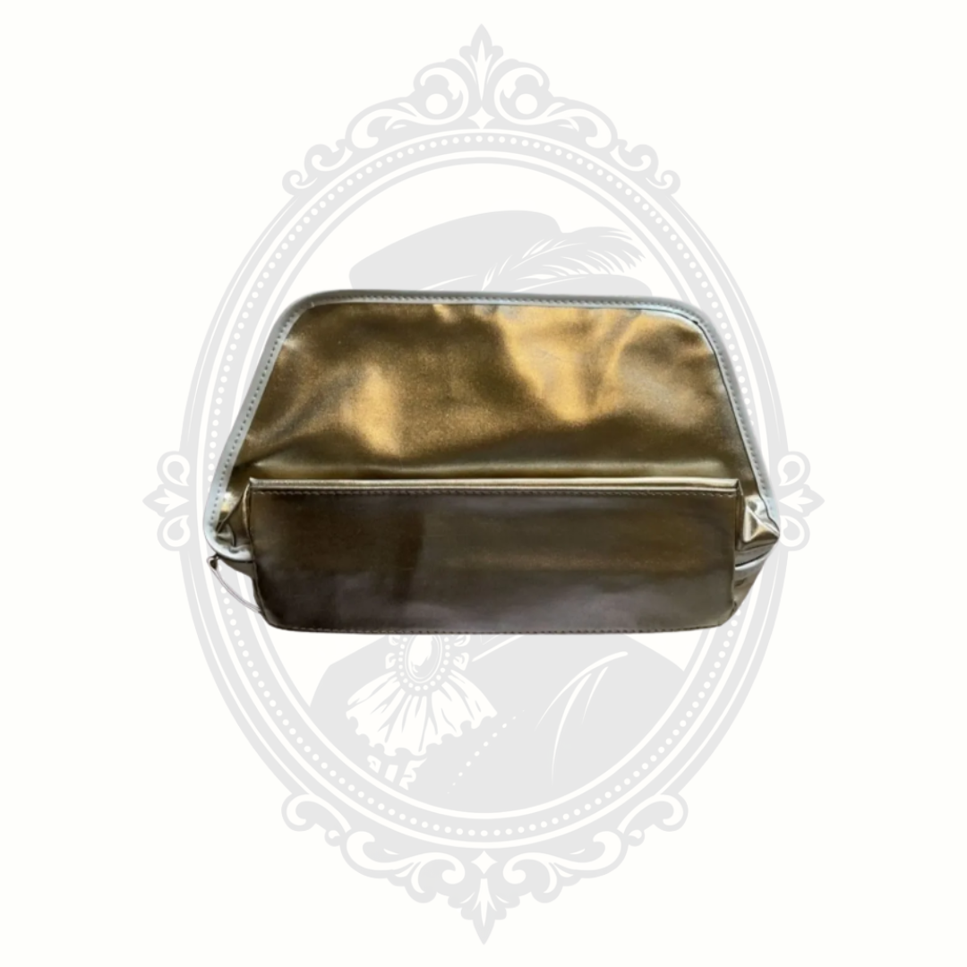 Back view of metallic gold Lancôme makeup bag with structured rectangular silhouette.