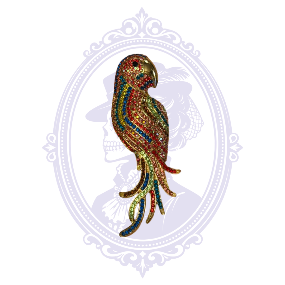 Oversized Multicolor Rhinestone Parrot Statement Brooch – Gold Tone