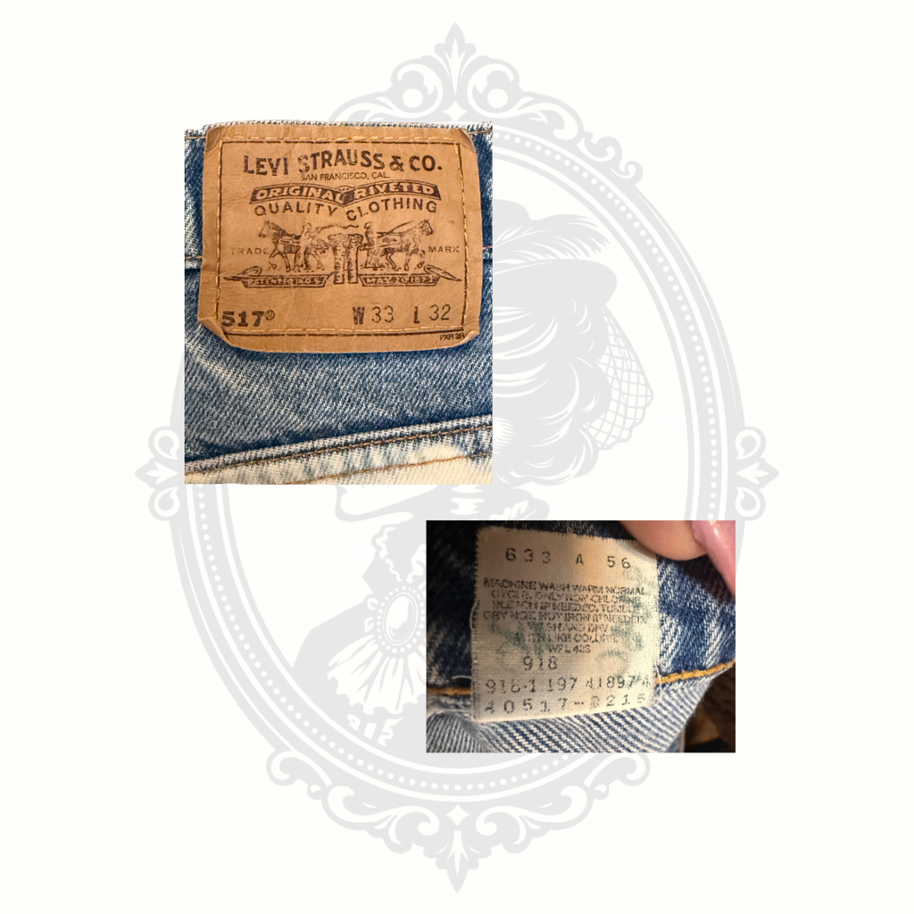 Close-up of Levi’s 517 waistband patch and care tag on studded denim cutoff shorts