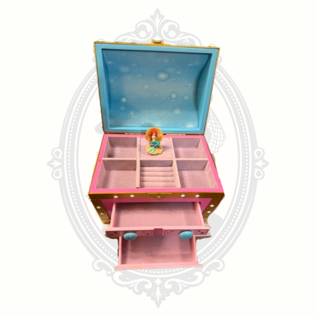 Little Mermaid jewelry box with drawer open showing storage space