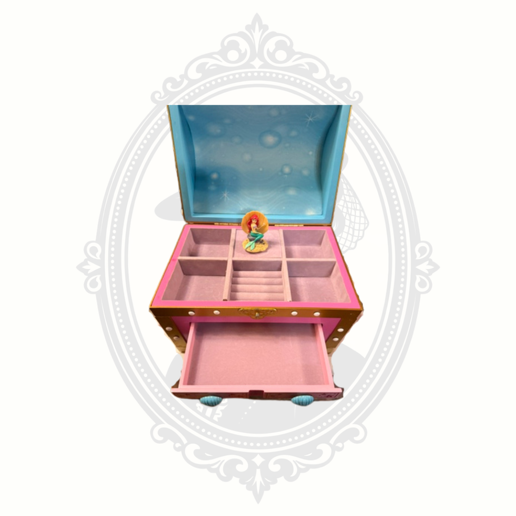 Little Mermaid jewelry box with drawer open showing storage space