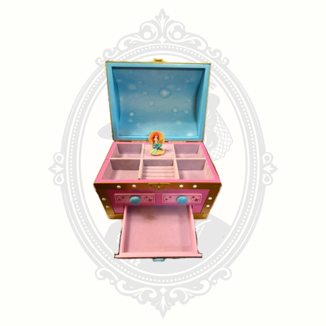 Little Mermaid jewelry box with drawer open showing storage space