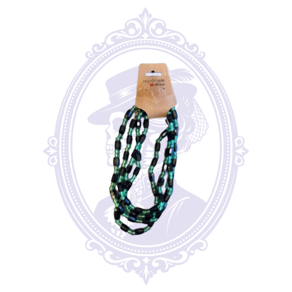 Long black and teal multi-strand beaded necklace with layered strands of rectangular black and translucent teal beads.