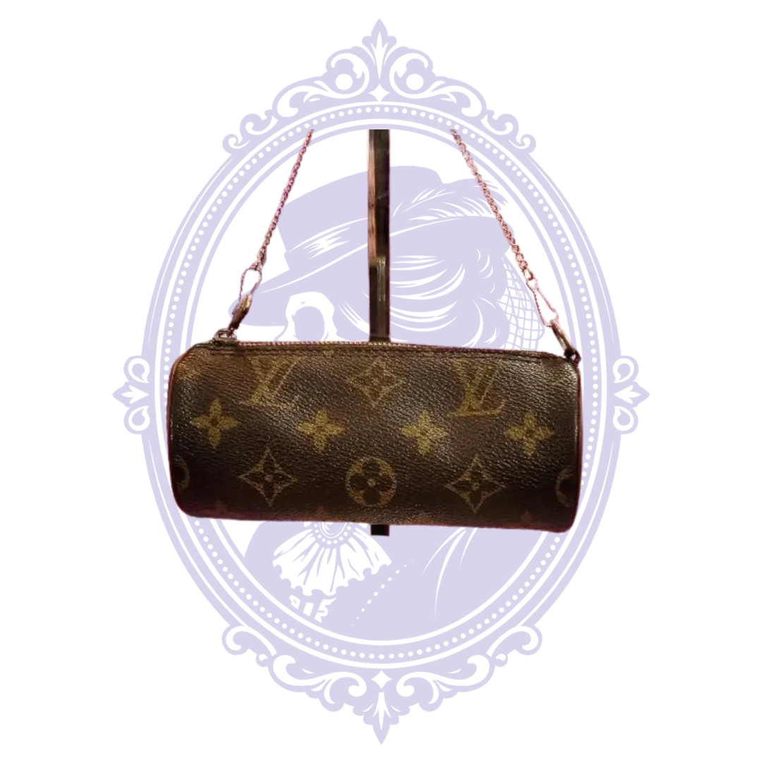 Reverse view of Louis Vuitton Papillon mini pochette with chain-style attachment