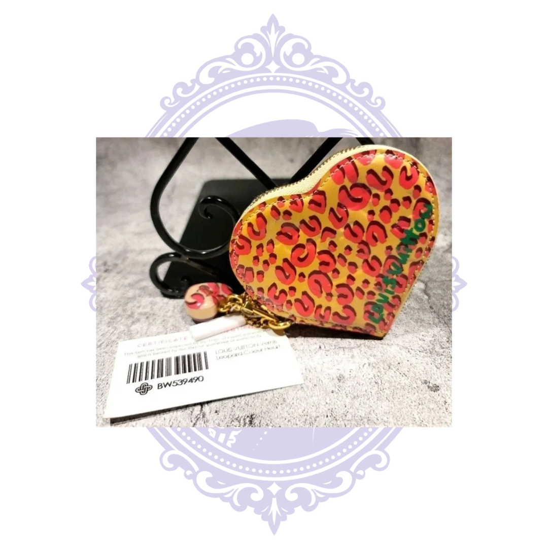 Louis Vuitton leopard heart coin purse and original gold chain with authentication tag