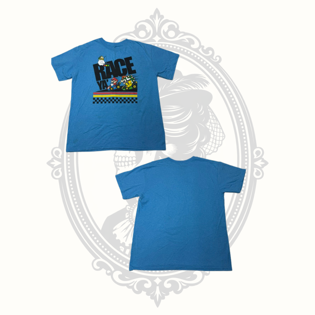Nintendo Mario Kart Race Ya! Youth Graphic T-Shirt Blue Size Medium Official Licensed