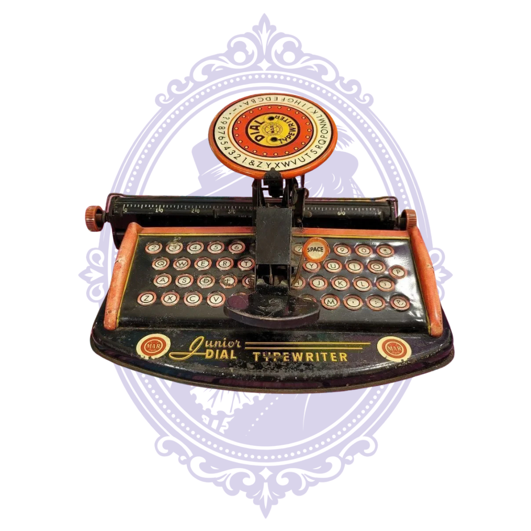 Vintage Marx Junior Dial tin toy typewriter front angle