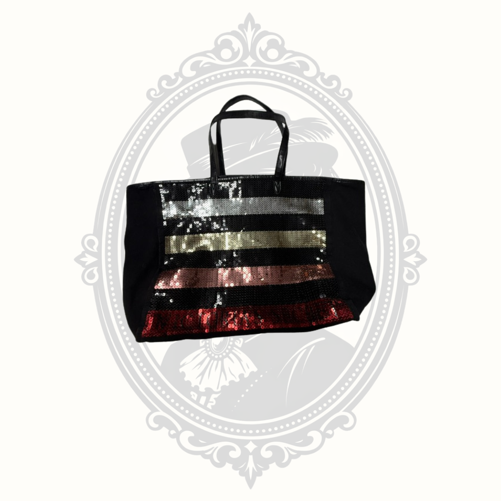 Large Black Sequin Stripe Tote Bag | Oversized Glam Shopper Carryall