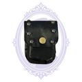Front of black leather mini pouch with six silver-tone studs and brass-tone snap closure