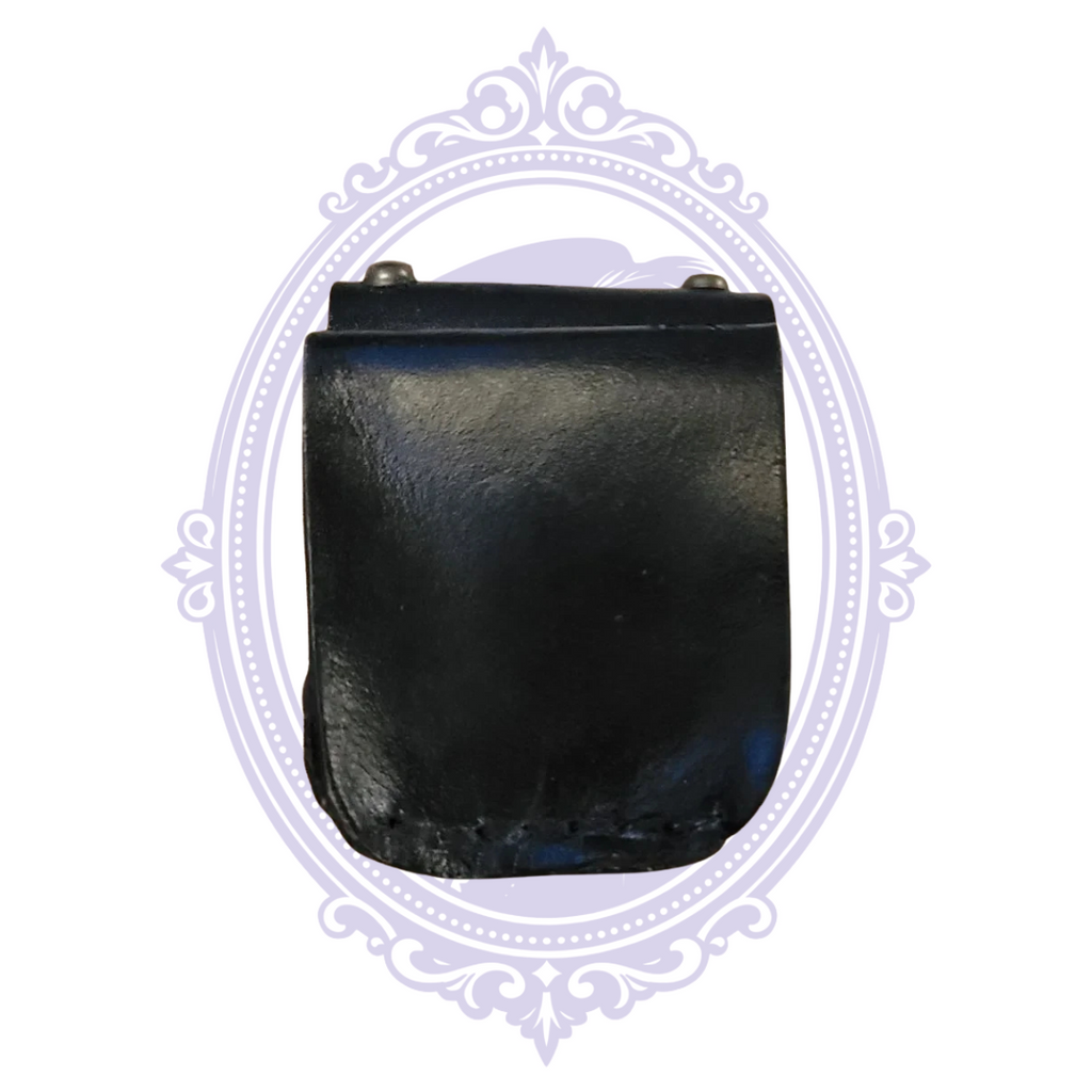 Black leather studded mini pouch with measuring tape showing approximate width