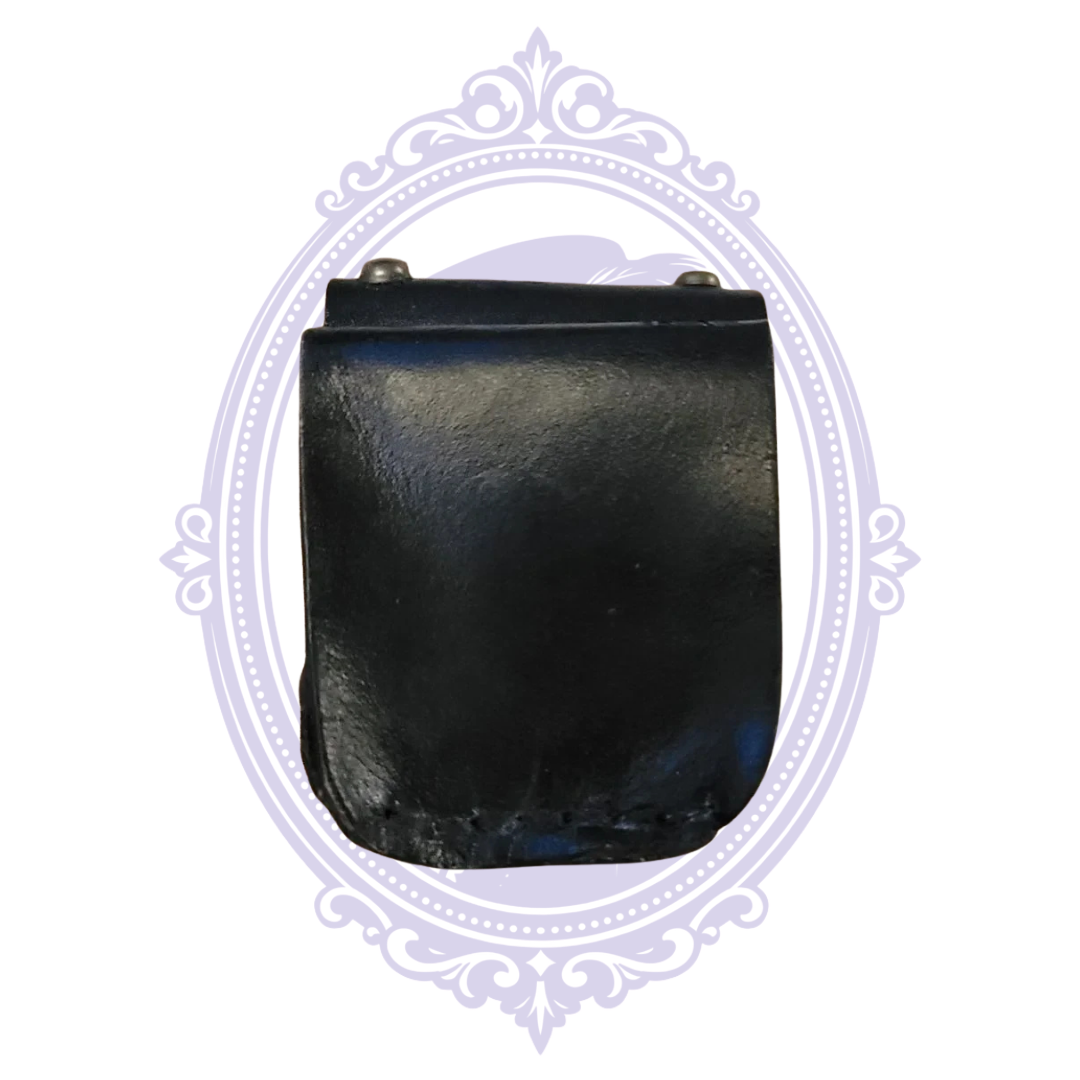 Black leather studded mini pouch with measuring tape showing approximate width