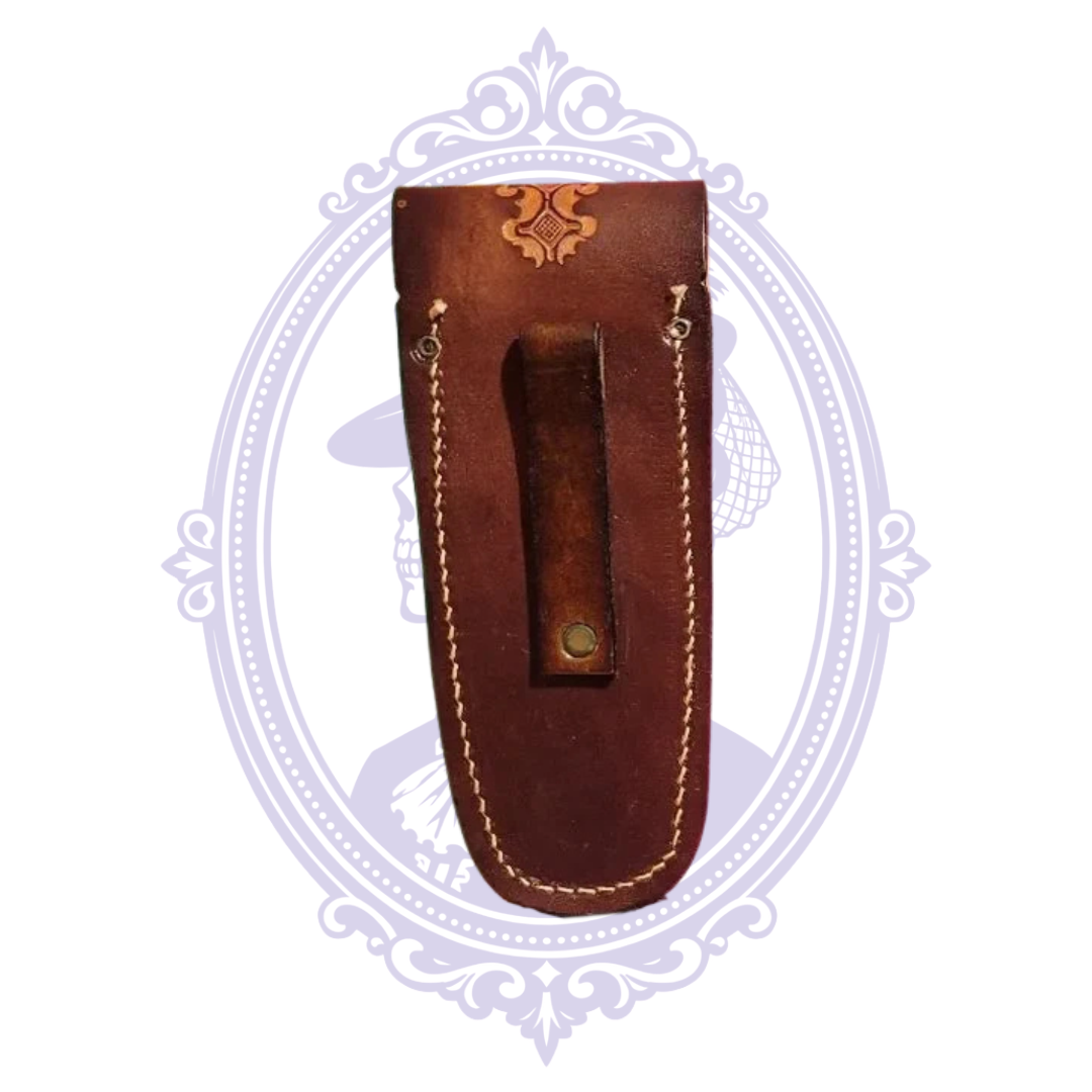 Back view showing leather belt loop and stitched edges