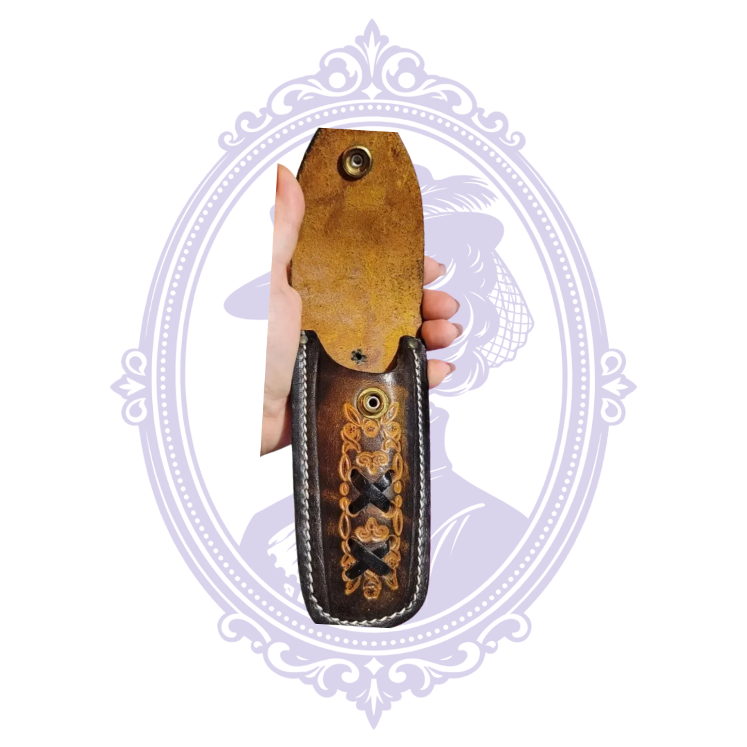 Back of brown leather sheath with riveted belt loop
