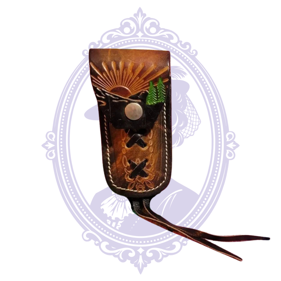 Open brown leather sheath showing unfinished suede interior and depth measurement
