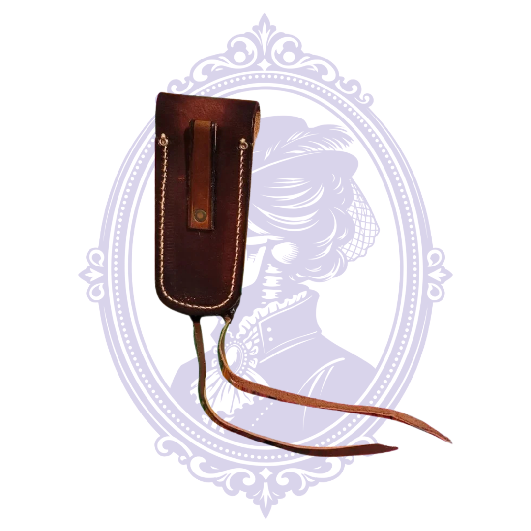 Brown vintage leather horse-head tooled snap flap belt sheath, view 10 of 10