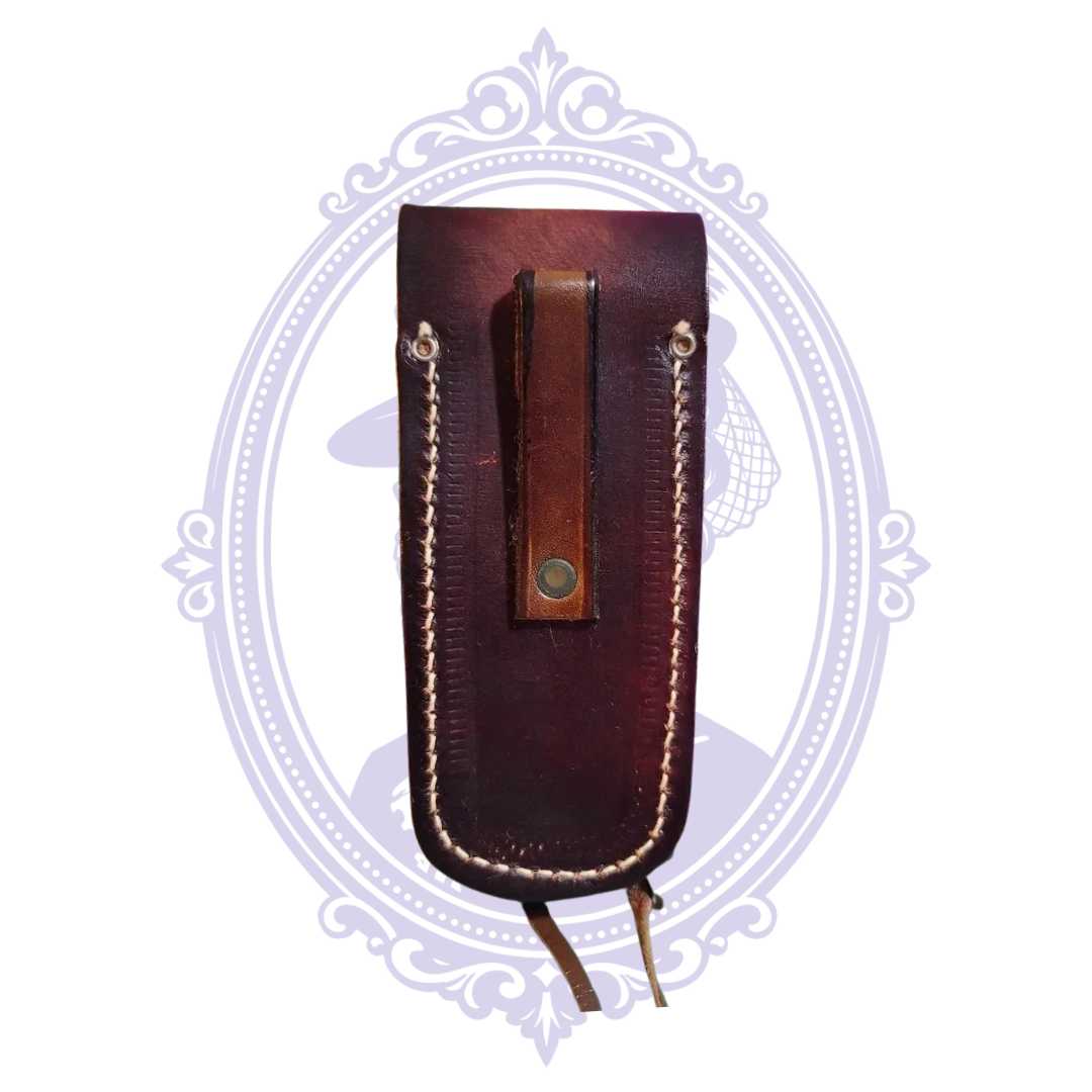 Brown vintage leather horse-head tooled snap flap belt sheath, view 7 of 10