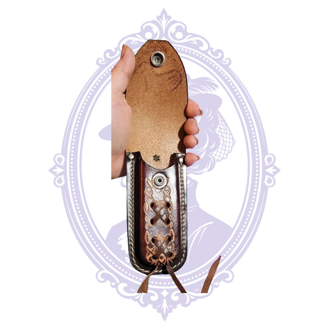 Brown vintage leather horse-head tooled snap flap belt sheath, view 8 of 10