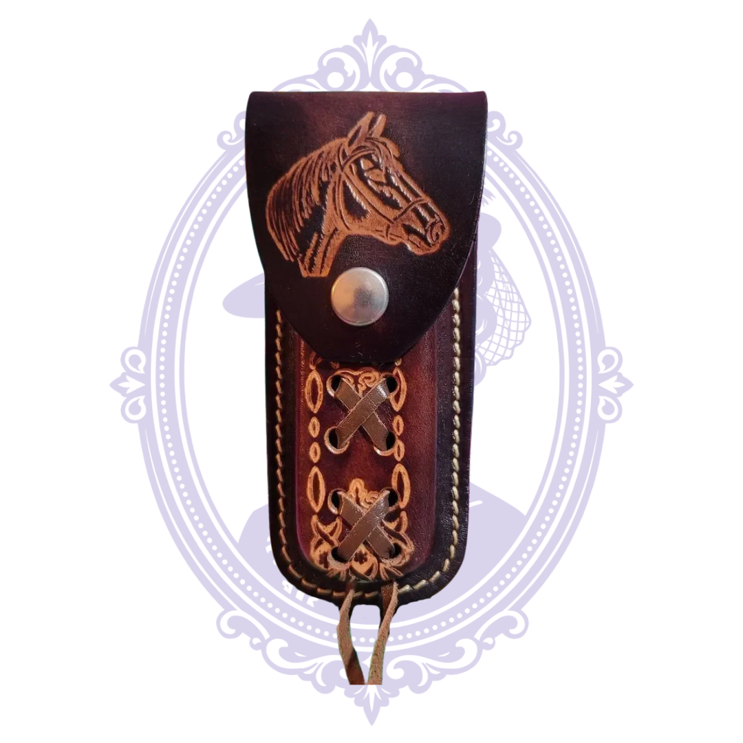 Brown vintage leather horse-head tooled snap flap belt sheath, view 9 of 10