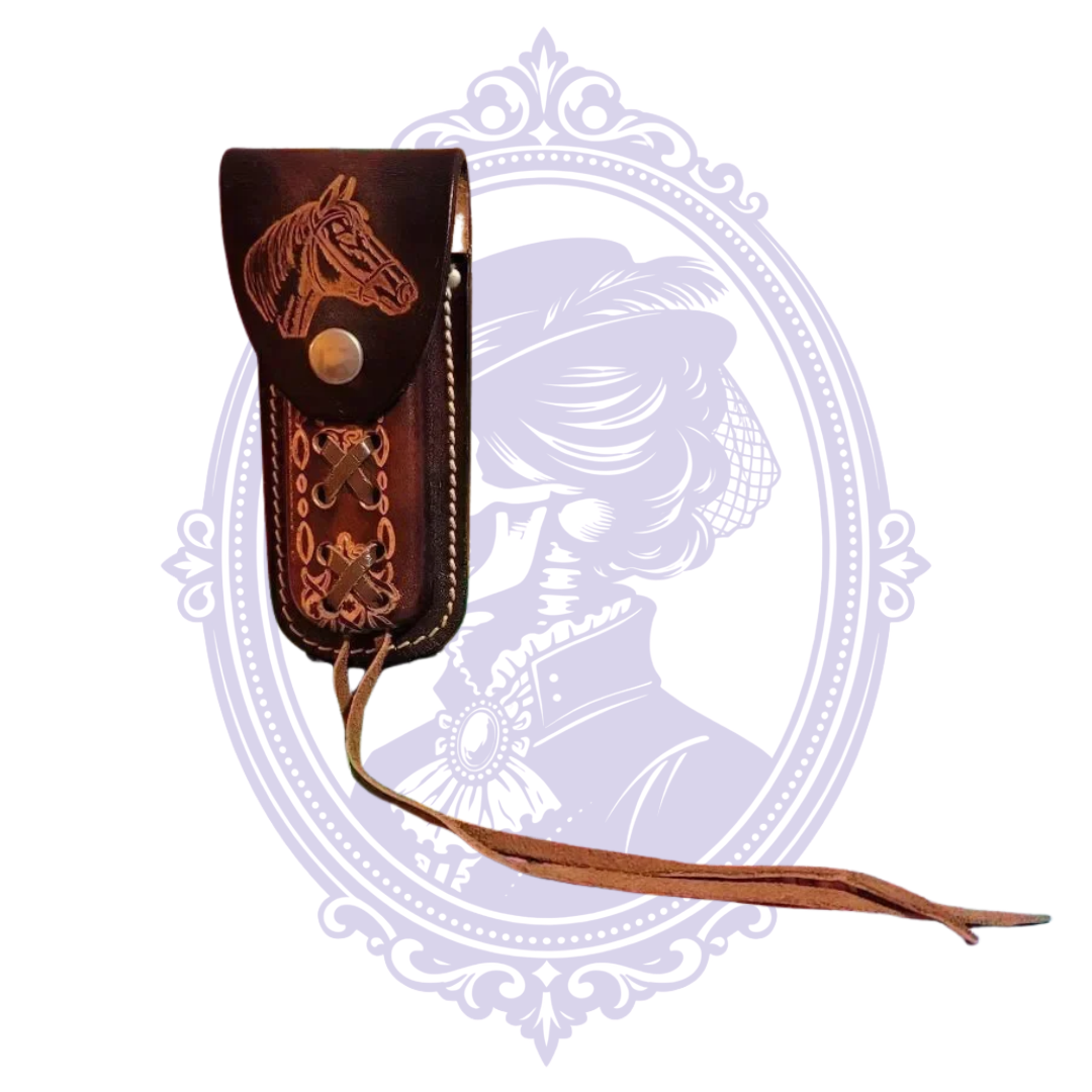 Front view of vintage dark brown tooled leather belt-loop knife sheath with a carved horse-head snap flap, decorative floral tooling, crossed leather lacing, cream edge stitching and hanging leather ties.