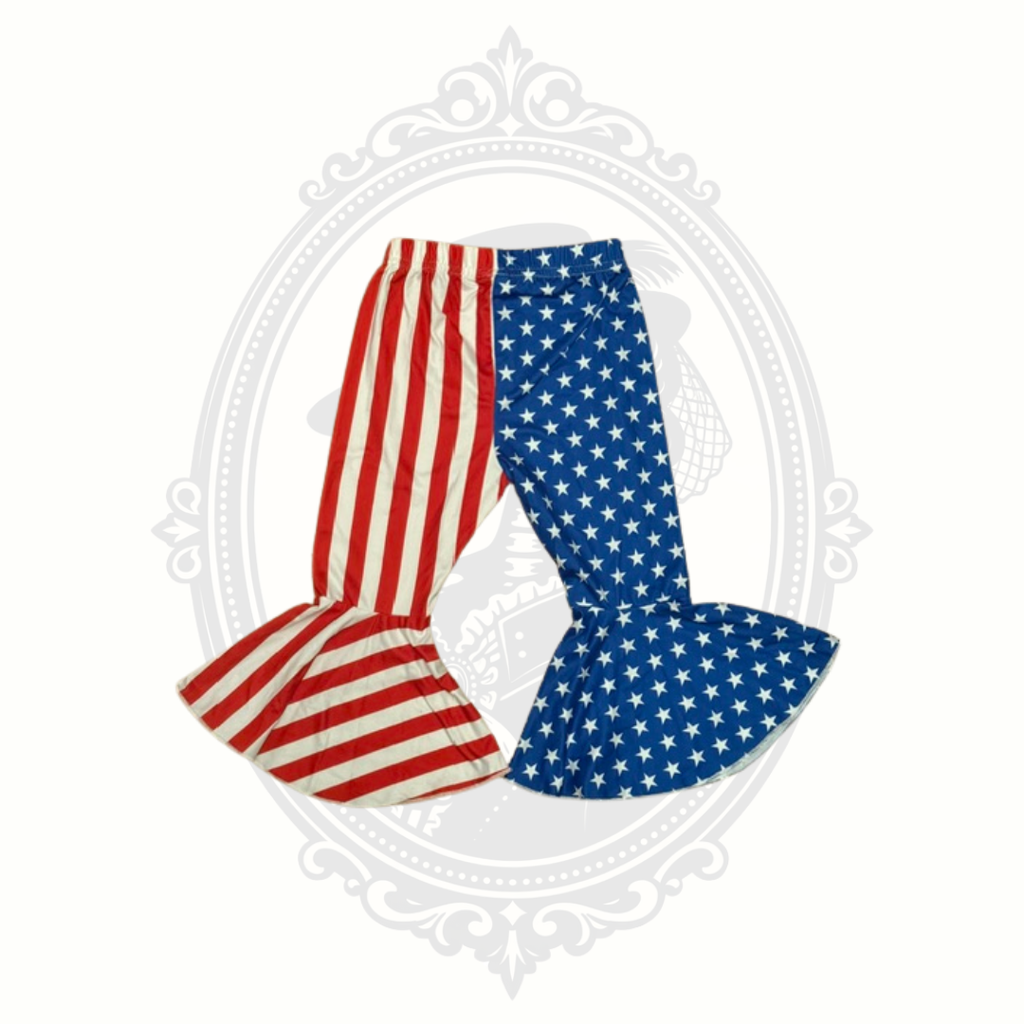 Red white and blue bell bottom pants back view