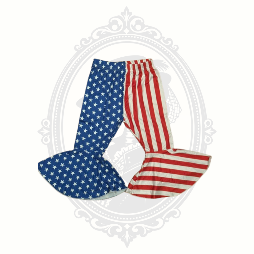 Red white and blue bell bottom pants front view