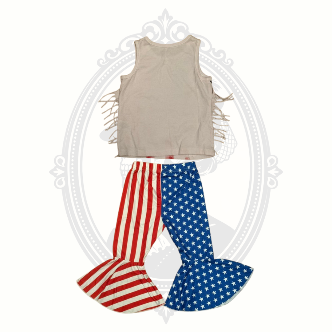 Patriotic fringe tank top and American flag bell bottom set back view