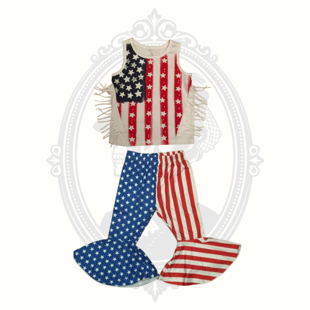 Patriotic fringe tank top and American flag bell bottom set front view
