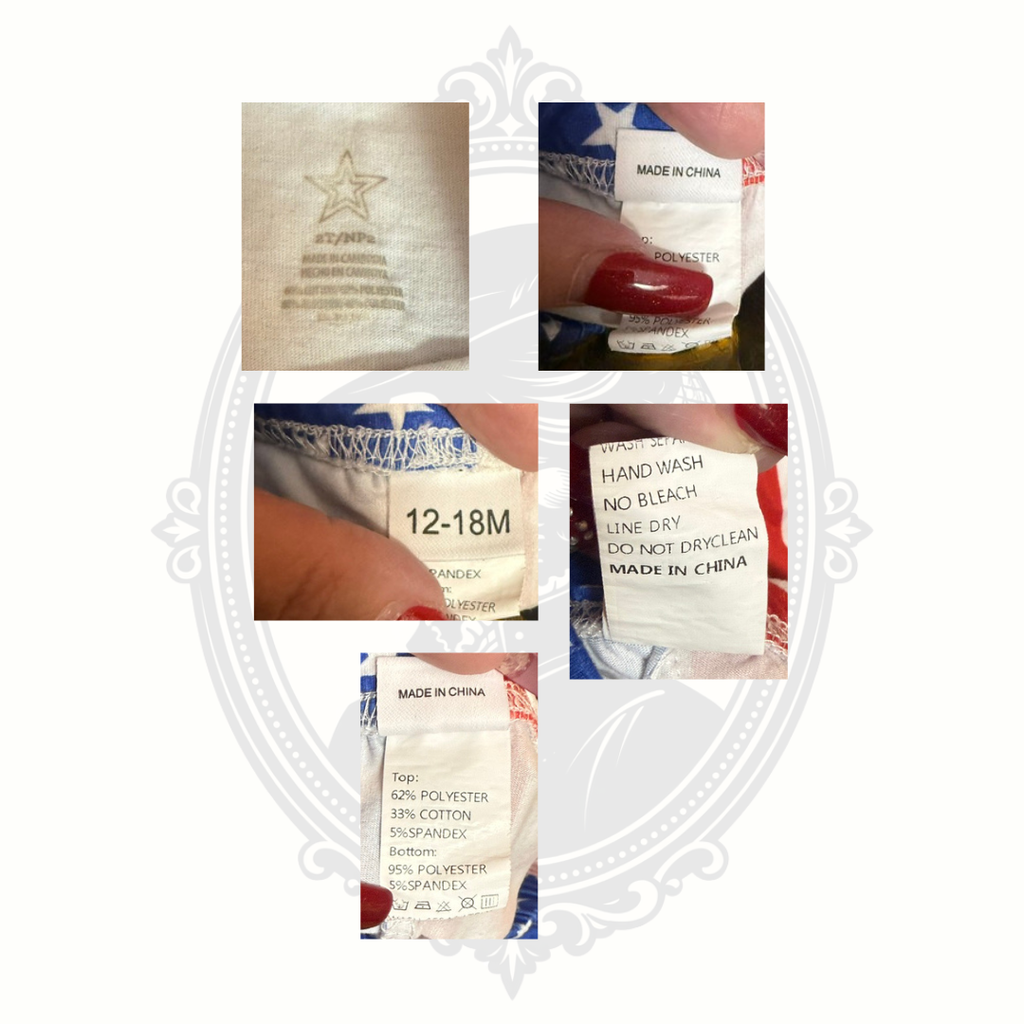 Size and fabric content tags for patriotic toddler outfit set