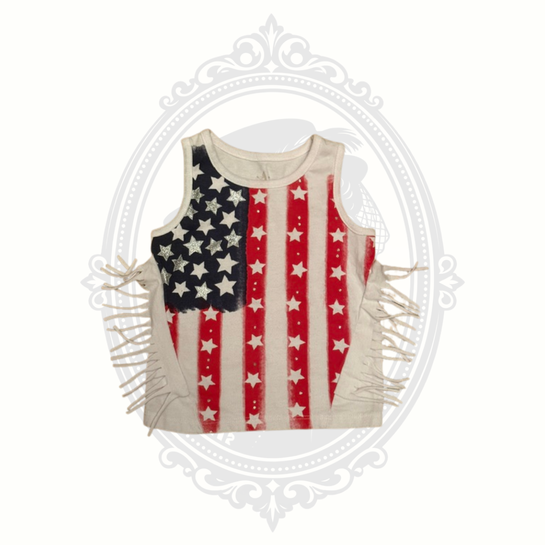 American flag fringe tank top for toddler front view