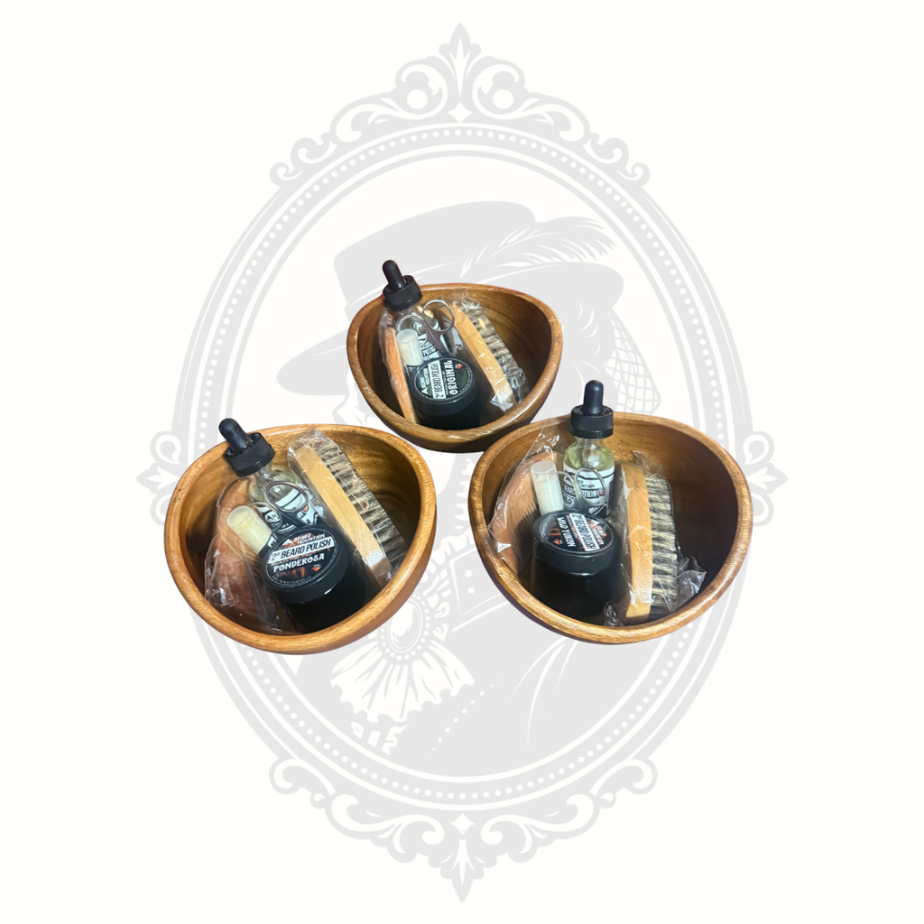 Assorted beard grooming kits in rustic wooden bowls arranged together for gifting display