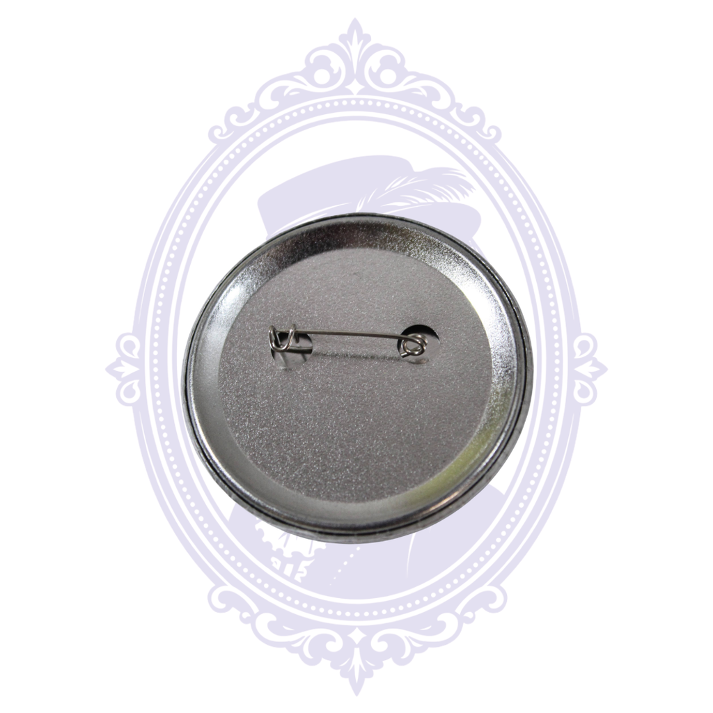 Back of 2.25-inch metal-backed pin button showing the pin closure.