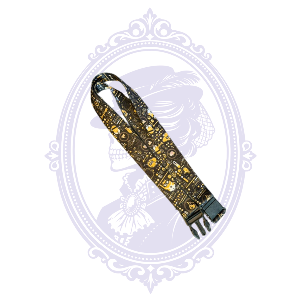 Black lanyard featuring yellow Minions characters and detailed gadget-themed print with black plastic buckle.