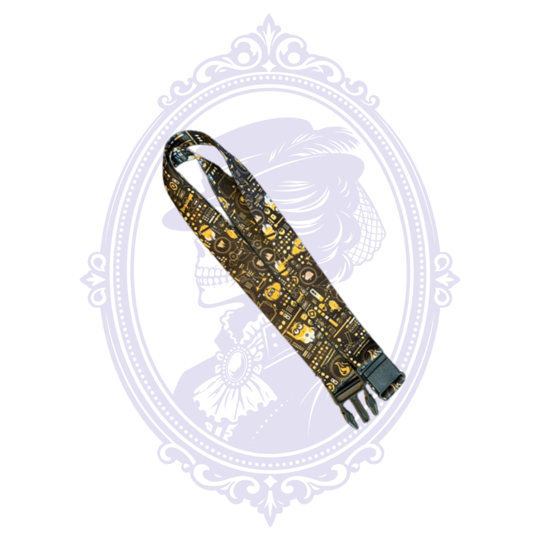 Black lanyard featuring yellow Minions characters and detailed gadget-themed print with black plastic buckle.