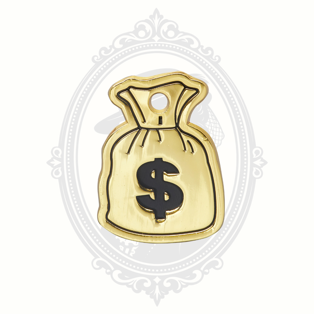 Gold-tone novelty pet tag shaped like a money bag with dollar sign detail.
